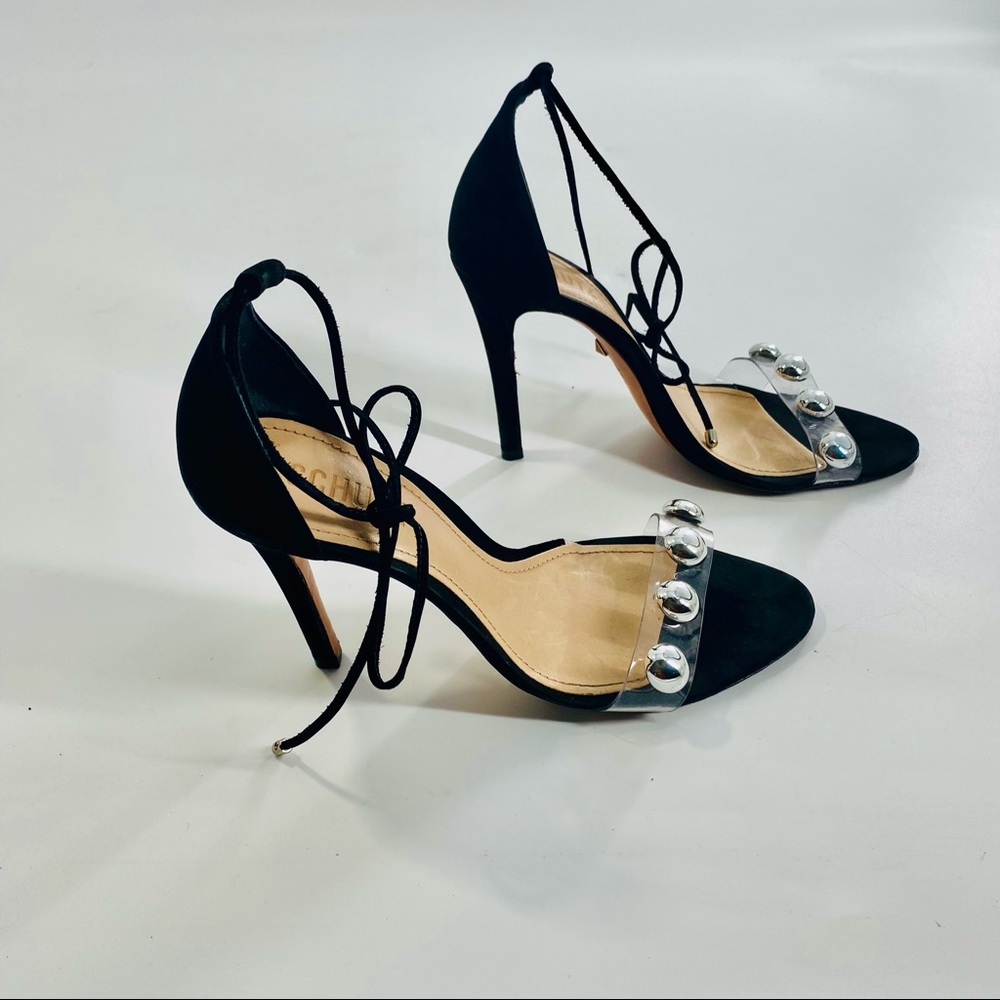 Schutz Ramon black studded ankle tie suede heels